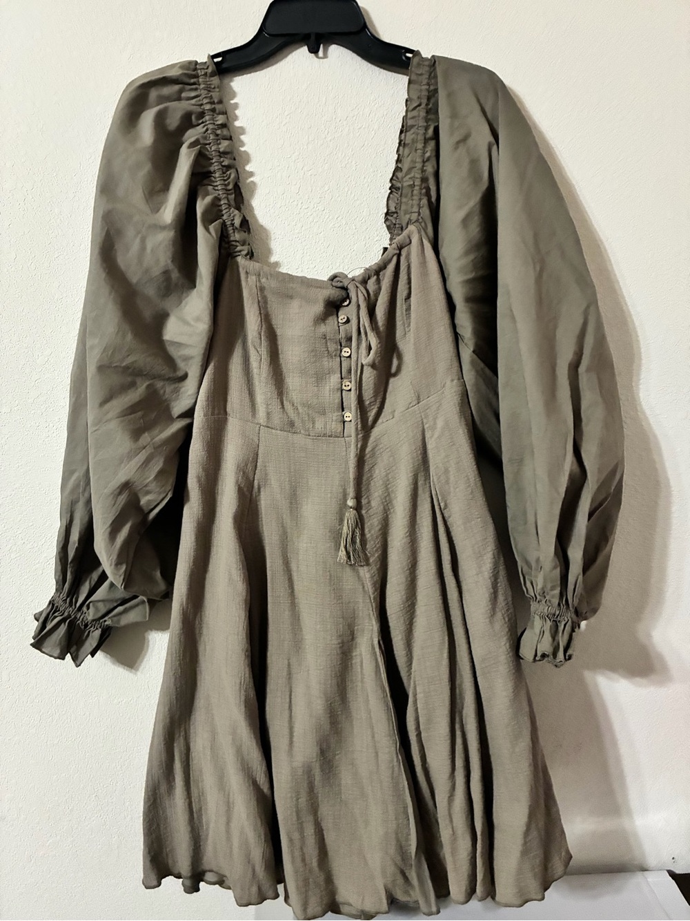 Chelsea & Violet Olive Puff-Sleeve Mini Dress with Tie Front
